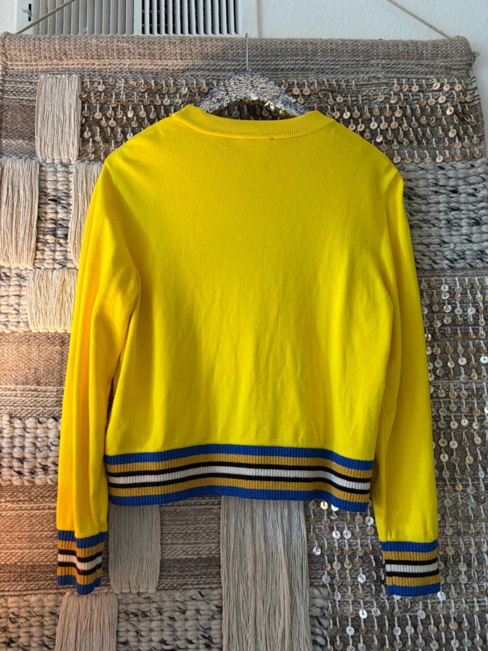 Desigual yellow sequined 'Awesome' crewneck sweater sparkle stripe trim - Picture 11 of 13